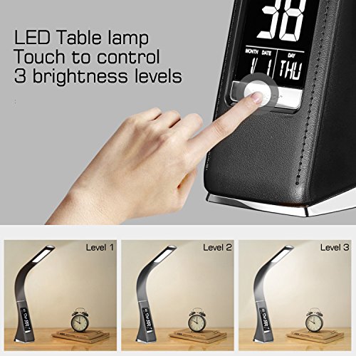 WILIT® U2 5W edle und moderne LED Schreibtischlampe in Lederoptik mit integriertem Wecker, Kalender, Uhrzeit und Temperaturanzeige, in 3 Helligkeitsstufen verstellbar, schwarz - 3