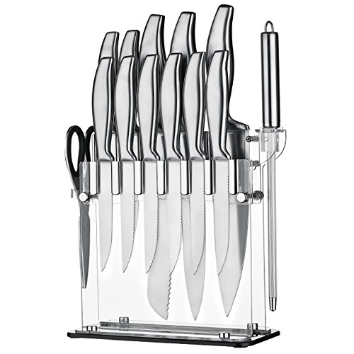 Topop 14-teiliges Edelstahl-Kochmesserset Messer Set (11 Messer, 1 Schärfstahl, 1 Paar Küchenschere, 1 Acrylständer)