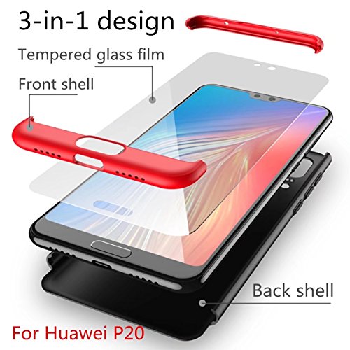 AILZH Funda Huawei P20 360  Caja Caso Vidrio Templado Rojo Negro 