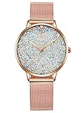 Alienwork Damen-Armbanduhr Quarz Rose-Gold mit Milanaise Mesh-Armband Edelstahl Weiss Strass-Steinen Glitzer elegant
