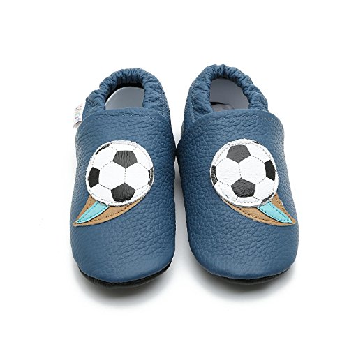 Liya’s Hauschuhe Lederpuschen mit Gummisohle – #658 Fußball in blau - 2