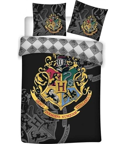 Parure De Lit 3 Pièces Harry Potter 100% Coton - Housse 140x200 + Taie 65x65 + Drap Housse 90x190 - Réversible 4 Maisons