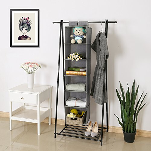 Songmics Hänge-Aufbewahrung mit 2 Klettband 30 x 130 x 30 cm Hängeregal Organizer für Kleiderschrank 6 Regalfächer + 2 Klammern grau RCH06G - 2