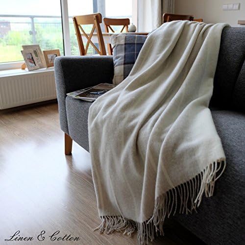 Linen & CottonLuxury Soft Striped Throw/Blanket Anna - 100% Fine Merino Wool, Beige/White/Natural (140 x 200cm) Warm Knee Plaid for Sofa Bed Couch Settee Bedspread Single Double Lambswool