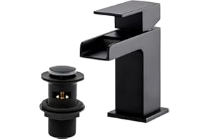 BATHWEST Monobloc Brass Basin Taps with Pop Up Waste and Sink Plug - Matte Black Waterfall Square Basin Mixer with Drain - 612AMBK