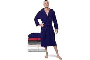 Twinzen Peignoir de Bain Homme - 100% Coton avec Capuche - Certifié Oeko-TEX® - Robe de Chambre Eponge 2 Poches, Ceinture - Doux, Absorbant et Confort