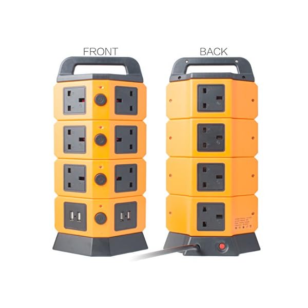 sourcingmap® Tower Power Strip 2500W Smart Socket Surge Protector 10 UK Socket 4 USB Charging Station 6.5ft Extension Cord Orange - Image 3