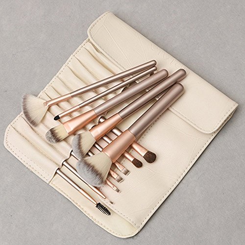 Anne Make-up Pinselset, professionelles Make-up-Set, Holzgriff, Grundierungs-/Effilier-/Rouge-/Concealer-/Augen-/Gesichts-/Flüssigpuder-/Kosemtik-/Lippenpinsel, 12-teilig, cremefarbene Tasche - 3