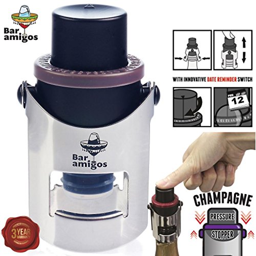 Bar Amigos® Champagne Pressure Stopper Grey Gris - De Cava Tapón de presión para botellas de champán y Espumosos Con la tecnología patentada Y Fecha Interruptor Recordatorio To Keep Your Bottle of Sparkling Wine Fresh - 3 años de Garantía de Satisfacción