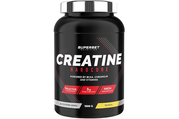 Superset Nutrition - Creatine Hardcore (1,5kg) - Poudre soluble - 3g de créatine monohydrate par dose, BCAA, Glucides - Récupération optimale et puissance - Adaptée aux sports intenses - Tropical