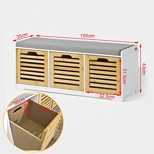 SoBuy® moderne Schuhtruhe,Sitzkommode mit 3 Körben,Sitzbank, Schuhschrank mit Sitzkissen,Spieltruhe, FSR23-WN - 3