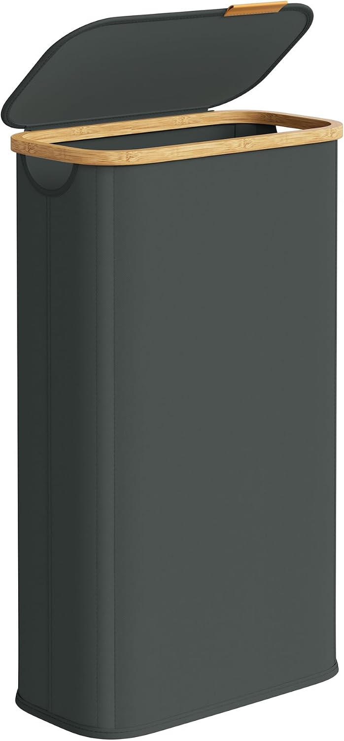 SONGMICS Cesto de Ropa con Tapa, Recogedor de Colada Estrecho, Tejido de Oxford, Plegable, Marco de Bambú, Lavadero, Dormitorio y Salón, 70 L, 42 x 22,5 x 70,5 cm, Gris Pizarra LCB517GN01