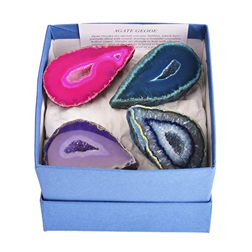 Gift-Boxed Set of 4 Mixed Colour Brazilian Agate Geodes - With Information Card & Stands