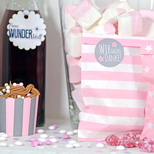 25 Frau Wundervoll Papiertüten / Geschenktüten / Candy Paper Bags – rosa mit horizontalen Streifen – - 4