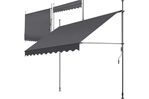 tectake Garden Patio Retractable Awning, Manual with Hand crank, Sun shade Canopy with UV and Rain Resistance, Clamp System with No Drilling Required - black/grey