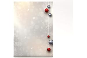 LUKIKICHI Paper-Media Lot de 100 feuilles de papier à lettre de Noël Motif boules de Noël Rouge/argenté Format A4