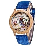 Coolster Blumen Zifferblatt Woodiness Fall Lederband Armbanduhren Armband (Blau)