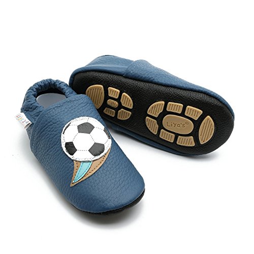 Liya's Hauschuhe Lederpuschen mit Gummisohle - #658 Fußball in blau