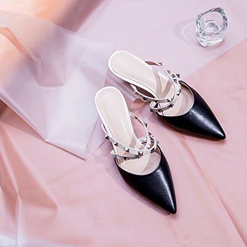 AJUNR New/Fashion/Work/Ladies Rivets tips women shoes temperament slippers Black 6cm high heels 38 Outdoor Female Sandals