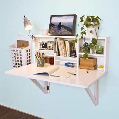SoBuy FWT07-W Bureau Table murale rabattable avec Armoire murale intégrée, Table cuisine pliable, Table de repas -Blanc