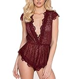 Qiamay Plus Size Womens One Piece Sexy Lingerie Lace Teddy V Neck Bodysuit Mini Babydoll Nightwear S-5XL (Wine Red, L)