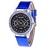 Luckhome Smartwatch Mit Leder Armband Mode Lässig Damenuhr Glasspiegel Lederband Quarz Uhr Einfache Lederbanduhr Quarzmode(Blau)