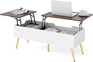 COSTWAY Stolik kawowy z regulacją wysokości, stół do salonu z podnoszonym blatem i 2 ukrytymi półkami, stolik pomocniczy drewniany, stolik kawowy do salonu, biura, 111 x 48 x 40-53,5 cm (orzech włoski