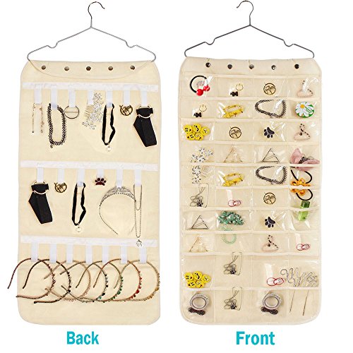 wior 2 - Cara 80 bolsillos para colgar de almacenamiento plegable transparente organizadores con velcro para viajes, calcetines, joyas, cocina, etc. (Beige)
