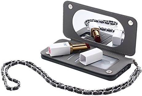 JHTC for Apple iPhone 5S / 5 / SE Case Silicone Grey Cases Magnetic Mirror Wallet Card Holder Personalised Denim Design Patterned Gift Protective Cover with Lanyard Neck Strap