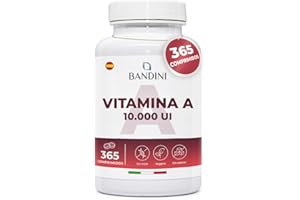 Bandini® Vitamina A Pura 10.000 U.I. (3000 µg), 365 Comprimidos de Acetato de Retinilo Vegano y Sin OGM para 1 Año, Ayuda a Mantener una Piel y Vista Normales, Alternativa a las Cápsulas y Gotas