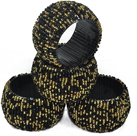 Set of 4, Beaded Napkin Ring Table Décor for Cloth Napkins - Gold and Black Colour 1.5 Inches