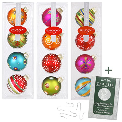 Inge-glas XMAS-SET: 12 handbemalte Christbaumkugeln Mille Fiori Set ø 60 mm + 100 Kugelaufhänger