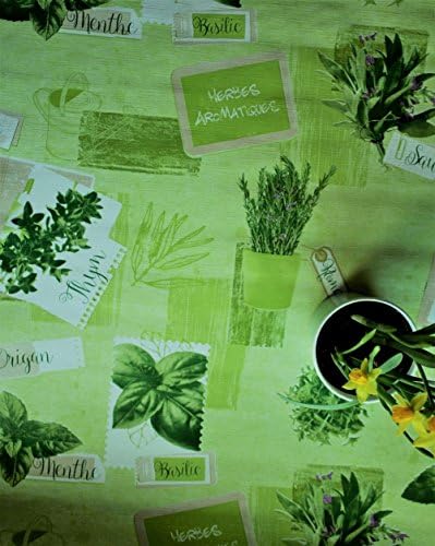 Lime Green Herbs Design Tablecloth by WJDhome. Premium, Embossed, Wipe Clean PVC\Oilcloth. Size:140cm x 200cm.