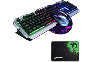 LEXONELEC Wired Gaming Keyboard Mouse Sets Rainbow LED Backlit Multimedia Usb Ergonomic Light Up Keyboard Metal Plate 3200DPI Adjust 7Colors Breathe Light Optical Gamer Mouse Converter for PS4/Xbox One/Xbox