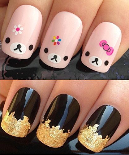 NAIL DECALS WATER TRANSFERS STICKERS ART SET #218. PLUS GOLD LEAF SHEET FOR CUSTOM DESIGNED NAILS! SUPER CUTE KAWAII TEDDY BEAR FACES WITH BOWS & FLOWERS WRAPS & STUNNING 24KT GLIZZY GOLD LEAF FOR FULL HOLLYWOOD NAILS! ALL CAN BE USED WITH NATURAL GEL ACRYLIC STICK ON NAILS! USE ALONE OR WITH GLITTER DUST CAVIAR BEADS ALLOYS DECORATIONS CONFETTI FIMO SHAPES TAPE PENS RHINESTONES - GET CREATIVE!