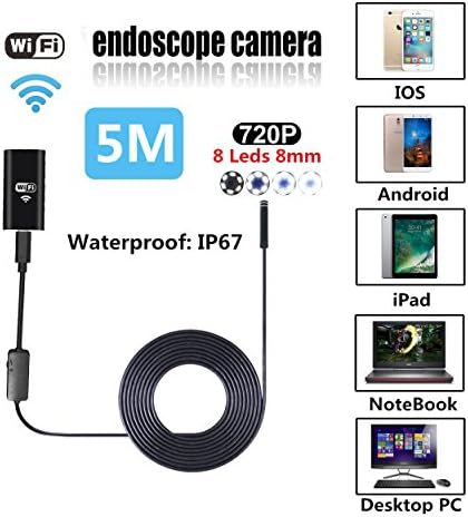 WiFi Endoscope Inspection Camera Wireless iOS Android Semi-rigid borescope 2.0 Megapixels 8 Leds 8mm 720P IP67 Tube Waterproof Inspection Camera for iPhone 7 / 7 Plus 6s/6s Plus, Samsung series, other android Phone, Laprtop and PC (5m/16.4ft)