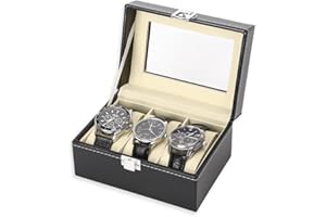 Coztie Watch Box with 3 Compartments, Watch Box with Glass Top, Watch Case with Removable Watch Cushion, Watch Storage Box, Premium Watch Box for Gift for Boyfriend Husband, Black