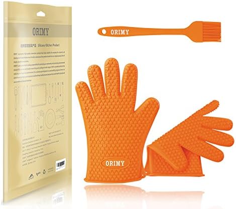 1 Pair Silicone Oven Mitts Plus 1 Pastry Brush, Withstand Heat Up To 425°F / 218°C - Vacuum-Pack (Orange)