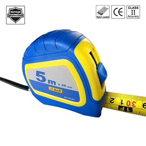 S&R Bandmaß Metrisch und Zoll Q-Serie 5m / 16 ft, Band 25 mm, Massband Nylon beschichtet, schlagfestes Rollband gummiertes Gehäuse - 7