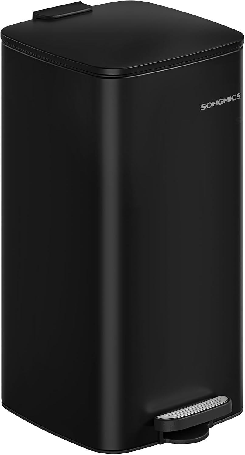 SONGMICS Kitchen Bin, 8-Gallon (30 L) Trash Bin, Steel Pedal Bin, with Inner Bucket, Soft Close and Stays Open, Ink Black LTB593B02