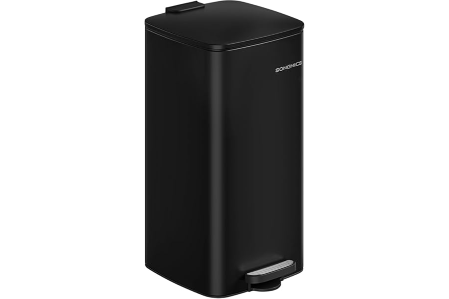 SONGMICS Kitchen Bin, 8-Gallon (30 L) Trash Bin, Steel Pedal Bin, with Inner Bucket, Soft Close and Stays Open, Ink Black LTB593B02