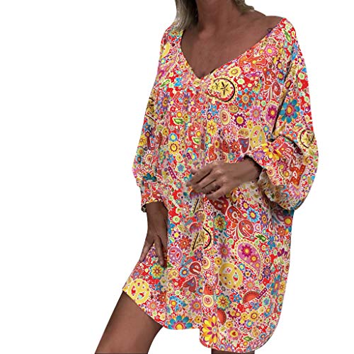 Robe Été Femme de Plage Rétro Robes Col V Lin Robe au Genou Manches Courte Unie Casual Tuniques Ample sans Accessoires Feytuo femme manche courte de soiree femme longue pour mariage robe longue boheme