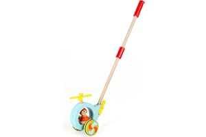Jacootoys Juguete de Madera niños con empuñadura y tracción a lo Largo de helicóptero Caminar con Palo Desmontable de 24 Pulgadas