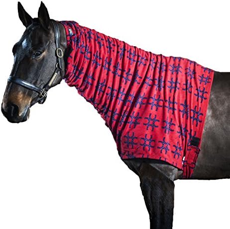 Snuggy Hoods Headless Fleece Jams Hood for Horse or Pony (Red with Blue Horse Shoes, L)