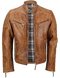 Cazadora de piel auténtica para hombre, encerada, estilo motero, aspecto retro, con cremallera