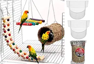 Despacito Bird Cage Accessories Combo Natural Grass Nest,Ladder and Swing for Cage,Suitable for Parrots,Love Birds,and All Small Birds,Hanging Bird Hammock House Toys for Cage(6pcs).