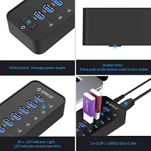 ORICO USB 3.0 Hub, 10 Ports, mit Hauptschalter und 12V 3A Netzteil – Highspeed Datenhub für Desktop-PC Computer Notebook MacBook iMac - 4
