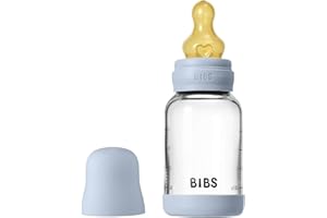 BIBS Baby Glass Bottle. Anticólicos. Tetina redonda de látex de caucho natural. Favorece la lactancia natural, 120ml, Complete Set - Baby Blue