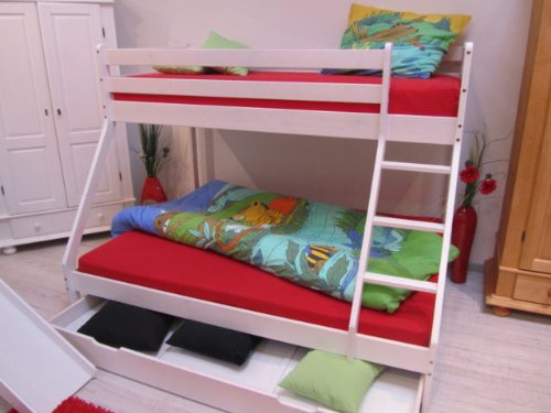 Ellberg Pin Massif Lit superposé 90 x 200, 140 x 200 Blanc laqué tiroir Nouveau