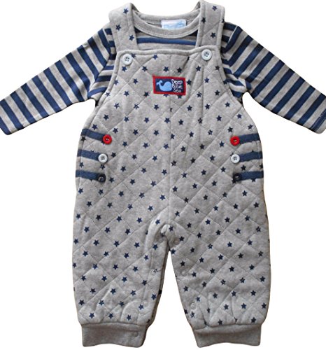 Newborn NB months - Baby Boys Dungarees Outfit - Gorgeous Grey and Blue Stars Thick Lined Dungarees with Striped Long-sleeved Top